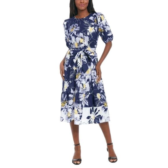 London Times Navy Ivory Floral Midi Dress Women's Size 8, Puff Sleeve Belted - Picture 1 of 3